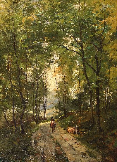 Vitus Staudacher, 1850 Gaimersheim-1925 Baden-Baden, Reiter auf einem Waldweg, Öl/Lwd, mittig unten signiert und dat. 1884, ca. 120x90cm, ...