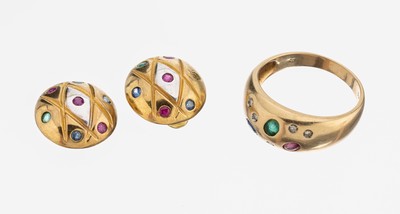 14 kt Gold Farbstein-Konvolut, GG/WG 585/000, best. aus: 1 Ring, RW 63, ovalfacett.Rubin, Saphir und Smaragd zus. ca. 0.30 ct, 5 8/8-Diamanten zus. ...
