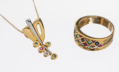 14 kt Gold Konvolut, GG/WG 585/000, best. aus: 1 x Ring; bes. mit 22 facett. Saphiren, Rubinen und Smaragden zus. ca. 0.64 ct, 7 Brillanten zus. ca. ...