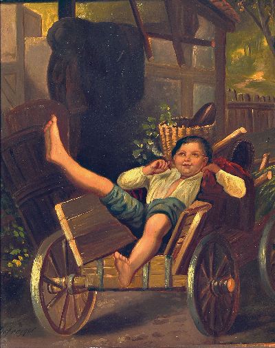 Unbekannter Künstler der Münchener Schule, um 1900, Junge in der Schubkarre, Öl/Metall, links unten sign. Defregger, ca. 28x20cm, 11cm breiter ...
