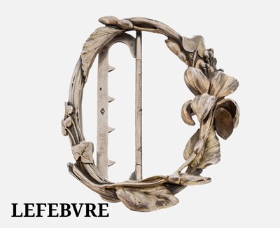 EUGEN LEFEBVRE Jugendstil Gürtelschließe, Frankreich um 1900, 800er Silber, asymm. Aufbau, fein graviert und ziseliert, z.T. nachgestochen, Reste ...