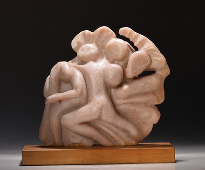George Mirenes, Le pain d'amour, vollplastische Marmorskulptur, Holzsockel, ca. 42x44x14cm