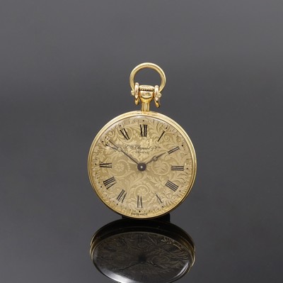 CHOPARD offene Damentaschenuhr in GG 750/000, Schweiz um 1970, Handaufzug, geriffelter Rand, floral grav. Boden aufgedr., Zifferbl. floral grav. m. ...
