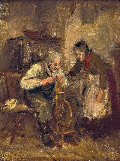 Hugo Kauffmann, 1844-1915, Interieur mit altem Paar, er repariert das Spinnrad, Öl/ Malkarton, ca. 19x15cm, R. ca. 38x33.5cm