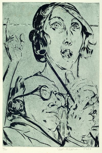 Max Ackermann, 1887-1975, "Radio", Kaltnadelradierung von 1924, handsign. und num. 60/200, ca. 44x30cm, leicht stockfleckig, u.Gl., R. ca. ...