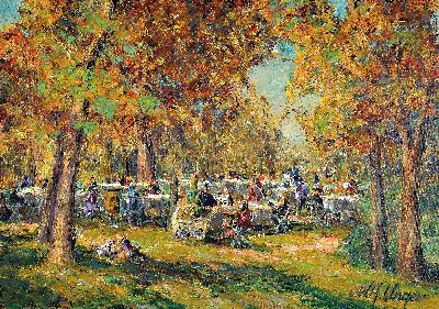 Wolfgang Heinz Unger, 1929 Halle/Saale-2019, "Waldcafé" rückseitig so betitelt, Öl/Lwd, rechts unten signiert, ca. 50x70cm, R. ca. ...