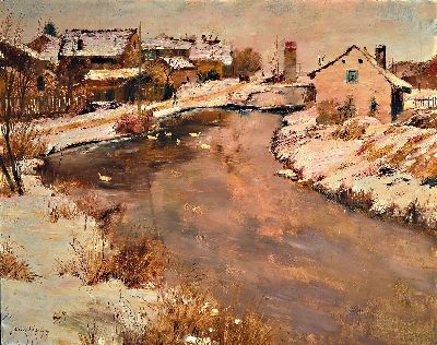 Albert Fessler, 1908-1978 Königsbach, Winterlich verschneite Dorfansicht mit Fluss, Öl auf dunkelblauem Stoff, links unten sign., ca. 90x115cm, R. ...