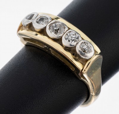 14 kt Gold Diamant-Ring, 1950er Jahre, GG/WG 585/000, 5 Altschliffdiamanten zus. ca. 0.45 ct Weiß/si, RW 52, ca. 4.9 g