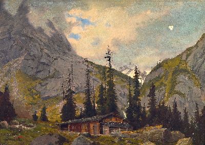 Johann Wilhelm Lindlar, 1816 Bergisch Gladbach - 1896 Düsseldorf, Hochgebirgslandschaft mit Hütte, Öl/Lwd, li. unten signiert, re. oben mit ...