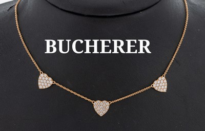 18 kt Gold BUCHERER Brillant-Collier, RG 750/000, 3 herzf. Glieder mit 54 Brillanten zus. ca. 0.60 ct feines Weiß/vs, L. variabel ca. 39.5 bzw. 42 ...