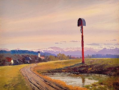 Willy Moralt, 1884 München-1947 Lenggries, Alpenlandschaft mit Marterl am Wegrand, Gouache auf Malkarton, links unten signiert, ca. 49x65cm