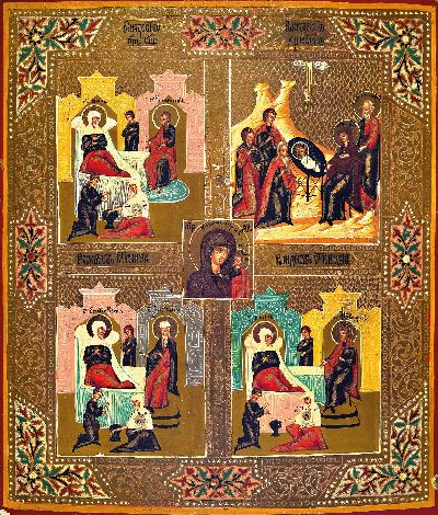 Ikone, Russland, um 1900, vier Felder mit Vita-Szenen der Gottesmutter, Tempera auf Holz, goldgrundig, ca. 31.5x27cm