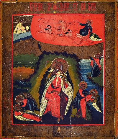 Ikone, Russland, um 1900, die feurige Himmelfahrt des Hl. Elias, Tempera auf Holz, ca. 31x26cm