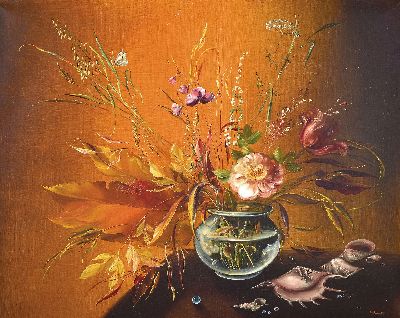 Irena Rudnicka, zeitgen. Künstlerin, Stillleben mit Blumen und Muscheln, Öl/Lwd, rechts unten signiert und dat. 89, ca. 80x 100cm, R., kleiner ...