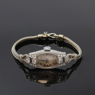 ALPINA Art-Deco Damenarmbanduhr in WG 750/000, Schweiz um 1938, Handaufzug, grav., 2-teil. Geh. inkl. zeitident. WG 750/000 Flechtband, aufw. m. ca. ...