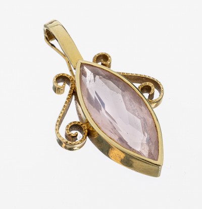 14 kt Gold Rosenquarz-Clipanhänger, GG 585/000, facett. Rosenquarz-Navette ca. 11.0 ct, schlichte Fassung mit angesetzten Voluten,ca. 3.8 x 2.3 cm, ...
