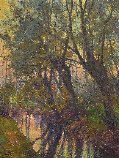 Henry Rul, 1862 Antwerpen-1942 Viersel/ Belgien, Weidenbäume am Ufer eines Baches, Öl/Lwd, rest., links unten sign., ca. 80x60cm, R. ca. 90x70cm, ...