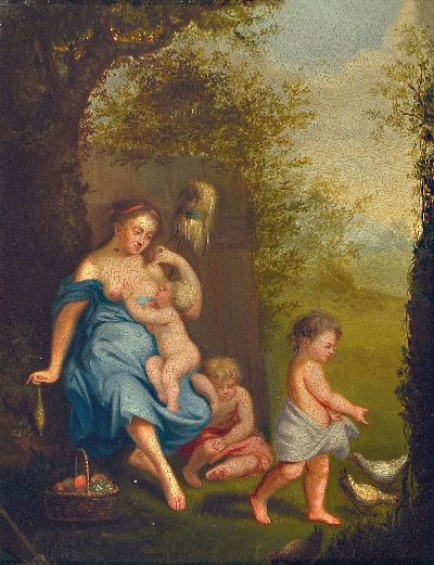 Unbekannter Künstler der 2. Hälfte des 19. Jh., Paar Pendants: 1) Mutter mit Kindern vor dem Haus, 2) Badende Frauen an einem See, Öl/Metall, ...