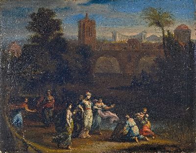 Unbekannter Künstler des 18. Jh., Moses wird in Körbchen gelegt, vielfigurige Szene am Flussufer, im Hintergrund Palastbauten, Öl/Lwd, rest., ...