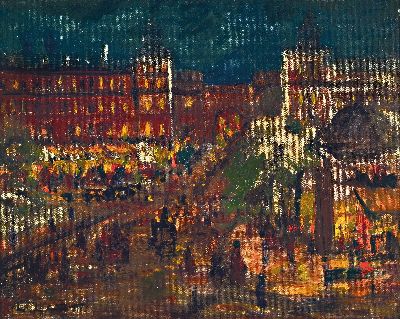 Leonid Lamm, 1878 Potolsk-1926 München, Belebte Innenstadt am Abend, Öl/Malkarton, links unten sign., ca. 32x41cm, R. ca. 42x51cm