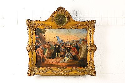 Bilderuhr mit Musikspielwerk und sog. Wiener Schlag, Habsburger Monarchie, 1. Viertel 19. Jh., Darstellung der Eroberung Mexikos durch Hernan Cortez, ...
