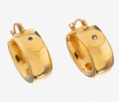Paar 9 kt Gold Ohrcreolen, GG 375/000, schlichtes Design, 2 kl. Strasssteine, ca. 2.6 g