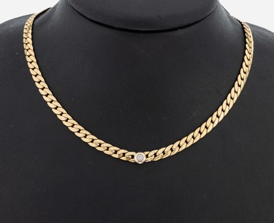 14 kt Gold Brillant-Collier, GG 585/000, mittig Brillant in rhod. Zargenfassung ca. 0.06 ct Weiß/si, L. ca. 43.5 cm, Karabinerschließe, ca. 12.0 g