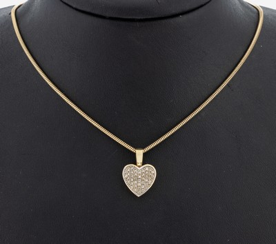 14 kt Gold Diamant-Anhänger, GG 585/000, Herz, 42 8/8-Diamanten zus. ca. 0.25 ct Weiß-l.get.Weiß/p3, an Kette, GG 585/000, L. ca. 47 cm, ...