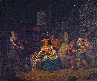 Unbekannter Künstler, Niederlande, um 1800, Kücheninterieur, vielfigurige Szene mit Kartenspielern, junger Frau beim Gemüseputzen, Küchenmagd, ...