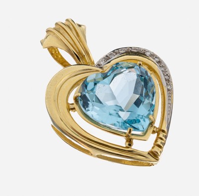 14 kt Gold Topas-Diamant-Clipanhänger, GG 585/000, Herz, mittig facett. Blautopas-Herz ca. 13.0 ct, 9 8/8-Diamanten zus. ca. 0.09 ct Weiß/si, ca. ...