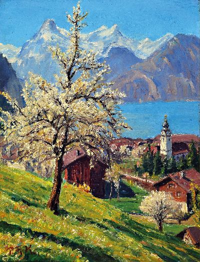 Monogrammist PFK, Paul Friedrich Kämmerer, geb. 1865 Stuttgart, gest. 1950, Blick auf Sisikon Kanton Uri (Vierwaldstätter See), Öl/Malkarton, ...