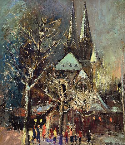 Ewald Hess, 1918 Merbelsrod/Thüringen-1996 Brasilien, Ansicht aus Wiesbaden, die Ringkirche im Winter, Öl/Malkarton, rechts unten signiert, ca. ...