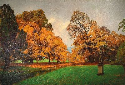 Georg Macco, 1863 Aachen-1933 Genua, große herbstliche Parklandschaft mit Statue und Schwänen auf einem Teich, Öl/Lwd, rechts unten signiert, ca. ...