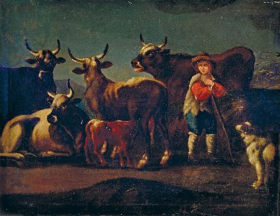 Unbekannter Künstler, datiert 1855, Hütejunge mit seinen Kühen und dem Hund, Öl/Lwd, rest., doubl., ca. 70x91cm