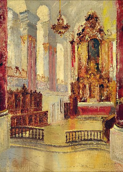 Hans Schönwald, Maler um 1930, war tätig in Berlin und München, Interieur aus der Frauenkirche in Günzburg, Öl/Lwd, links unten signiert, ca. ...