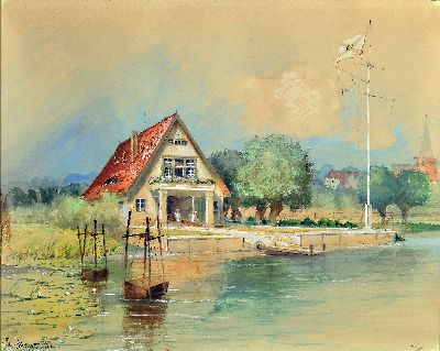 Willi Eplinius, 1884-1966, Bootshaus bei Ketzin an der Havel, Aquarell auf Papier, partiell weiß gehöht, ca. 39.5x51.5cm, u.Gl., R., Malerlehre ...