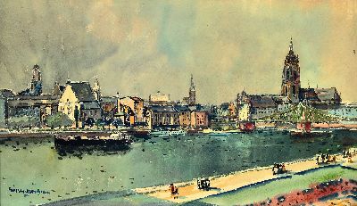 Ludwig Gschossmann, 1913 München-1988 Tegernsee, Mainansicht, so rückseitig betitelt, Blick über den Main auf Frankfurt mit dem Eisernen Steg, ...