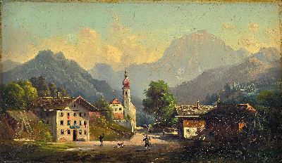 Hubert Sattler, 1817-1904, Partie in der Ramsau, Öl/Lwd, rückseitig betitelt Ramsau und auf dem Keilrahmen bez. H. Sattler, ca. 26.5x45.5cm, ...