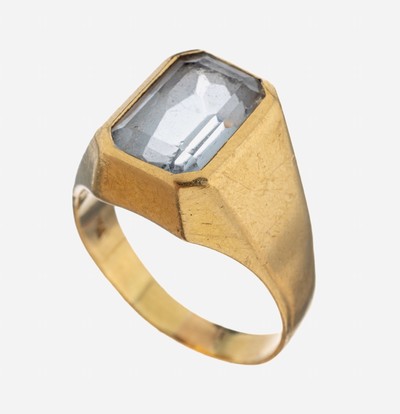 14 kt Gold Farbstein-Ring, GG 585/000, facett. synth. Spinell, RW 55, ca. 8.8 g