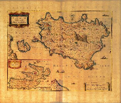 Kolorierte Kupferstichkarte von Jansonius, 18. Jh., Insel Ischia und Insel Elba, untere Ecken leicht wasserfleckig, geglättete Bugfalte, ca. ...