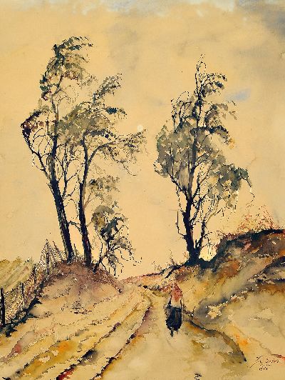 Josef Selde-Hindenburg, geb. 1887 Groß-Nimburg Oberschlesien, Frau auf einem Baum bestandenen Weg, Aquarell auf Papier, rechts unten sign. und dat. ...