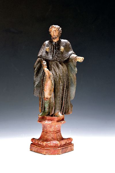 Heiligenfigur des Hl. Rochus, süddeutsch, 2.Hälfte 18.Jh., Lindenholz vollplastisch geschnitzt, farbig gefasst, Rochus mit ostentativem Wundmal auf ...