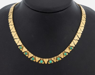 8 kt Gold Türkis-Collier, 1960er Jahre, GG 333/000, Oberfläche strukt., kl. Türkiscabochons, L. variabel ca. 40.44.5 cm, Federringschließe, ca. ...