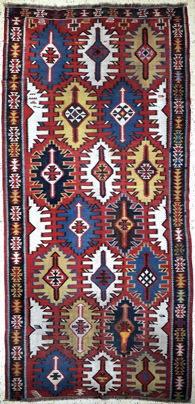 Kuba Kelim antik, Kaukasus, 19.Jhd, Wolle auf Wolle, ca. 370 x 175 cm, EHZ: 2, (alte Restaurierungen)