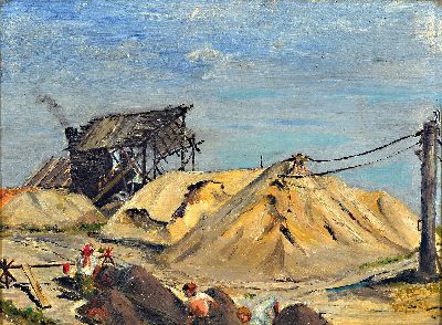 Richard Bloos, 1878 Brühl-1957 Düsseldorf, Ansicht wohl eines Kieswerkes, Figurenstaffage Arbeitender, rechts unten signiert und datiert 1924, ...
