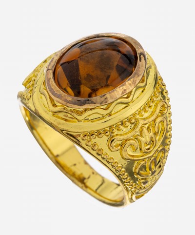 Citrin-Ring, Silber verg., Citrin im Bufftop-Schliff, Ringschultern abstrakt floral, RW 63, ca. 9.0 g
