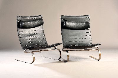 Paar Sessel PK20, Poul Kjaerholm für Fritz Hansen Dänemark 1992, Bezug mit Gebrauchsspuren, Untergestell verchromt, ca. 92x90x72 cm, EZ 2-3