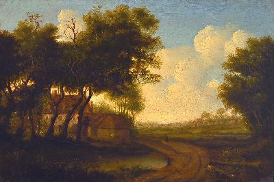 Unbekannter niederländischer Künstler, in der Art des P. Rysbraeck, um 1800, Landschaft mit Gutshof und Teich, Öl auf zusammengesetzten ...