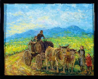 Werner Trautmann, 1913 Obermoschel-2007 Neustadt a.d.Weinstr., Weinleseszene, Öl/Hartfaser, ca. 40x50cm, R. ca. 43x53cm