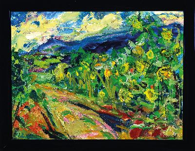 Werner Trautmann, 1913 Obermoschel-2007 Neustadt a.d.Weinstr., Sonnenblumen am Wegrand, Öl/Hartfaser, links unten sign., ca. 24x32cm, R. ca. 28x36cm